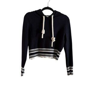Zara Women M Navy Blue Striped Knit Nautical Cropped Pullover Hoodie Sweater